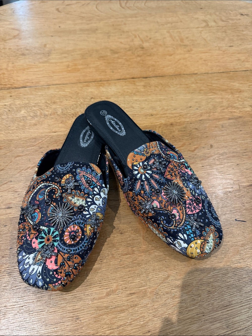 Embellished Paisley Slip-On Mules in Black and Multicolor. 10